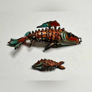 Vintage Chinese Silver & Cloisonné Enamel Articulated Koi Fish Charm + Baby Fish